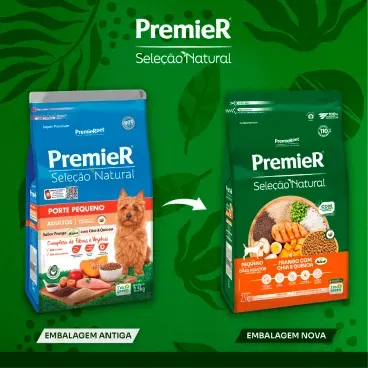 Nova embalagem Racao Premier Selecao Natural Caes Adultos Pequeno Porte Frango com Chia e Quinoa